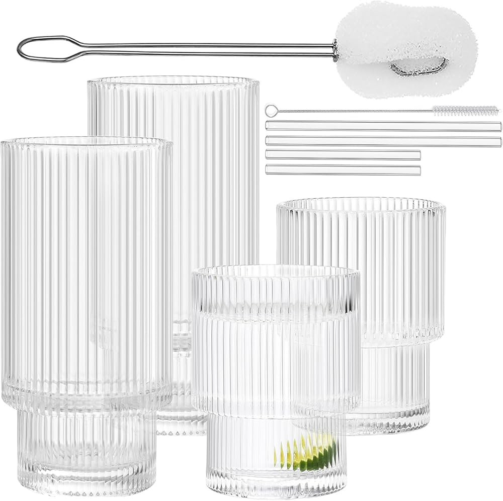ALINK Ribbed Drinking Glasses 4pcs Set Fluted Glass Cups 11 oz. 7 oz. | Amazon (US)