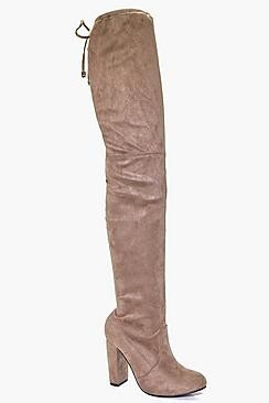 Sadie Block Heel Tie Back Thigh High Boots | Boohoo.com SE