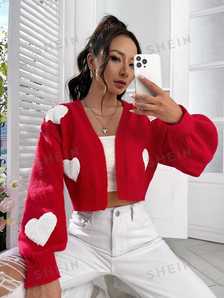 SHEIN Qutie Winter Heart Pattern Drop Shoulder Duster Red Cardigan | SHEIN