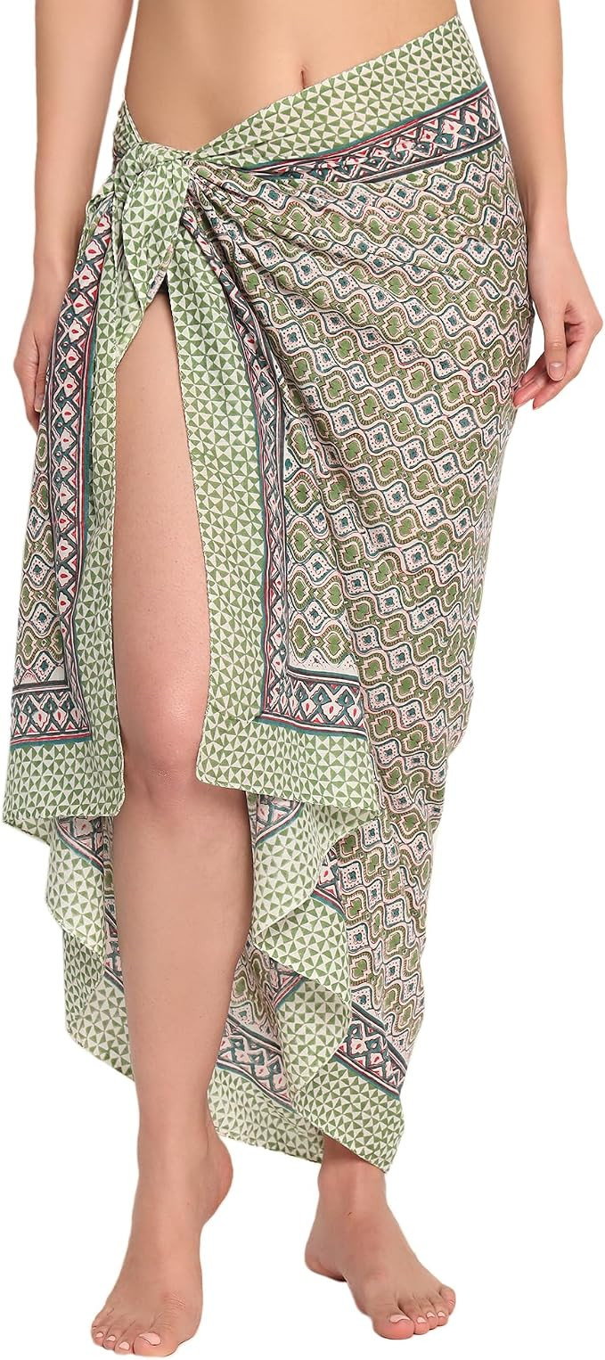 Block Print Cotton Beach Sarong Wraps for Women, Pareo Swimsuit Coverups | Amazon (US)