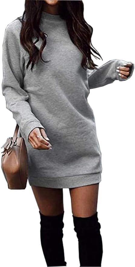 Miselon Women's Casual Fleece Long Pullover Sweatshirt Dress Long Sleeve Mini Sweater Dresses wit... | Amazon (US)