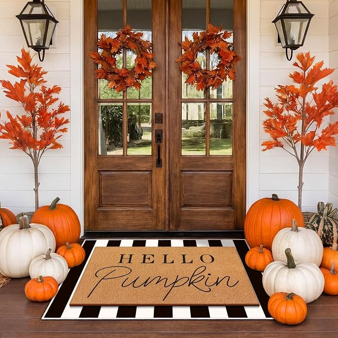 Tinideya 2 Pcs Fall Pumpkin Layering Door Mat, Hello Pumpkin Welcome Coir Mats with Black and Whi... | Amazon (US)