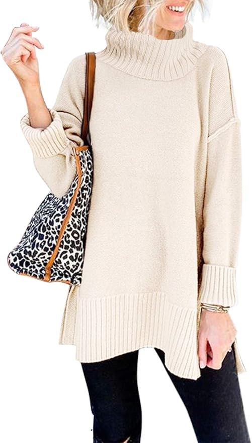 MEROKEETY Women's Casual Turtleneck Side Split Pullover Sweater Loose Long Sleeve Jumper Top | Amazon (US)