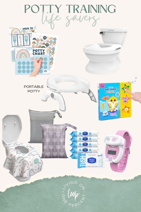 Potty training items that helped me train my first (and that I will definitely use to potty train my second!). Full blog post on www.livingononepercent.com. Portable potty, portable wipes, toilet seat covers, dinosaur seat covers, potty sticker chart, potty shark book, potty training watch.

#LTKFamily #LTKKids