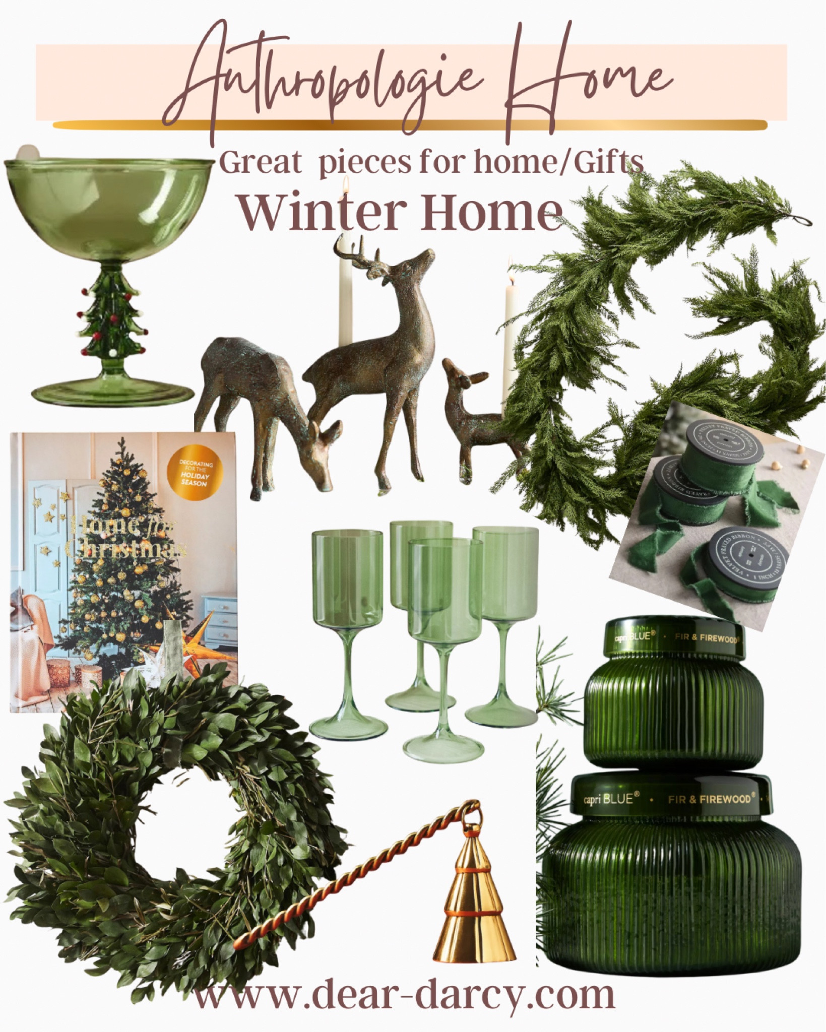 Winter home decor in shades of green!
Perfect for the holidays🎄🌲

Glasswear, great for entertaining 

green garland, beautiful wreath, to add the outdoors in 

brass deer statues,  cute on mantel, coffee table or center piece 

capri blue candles one of my favorite scents 

Candle sniffer (great gift)

Green velvet ribbon (I use this all over our home for the holiday) 

Holiday coffee table book Champagne flutes
The cutest free steam wear perfect for holiday cocktails 

#LTKSeasonal #LTKHome #LTKStyleTip