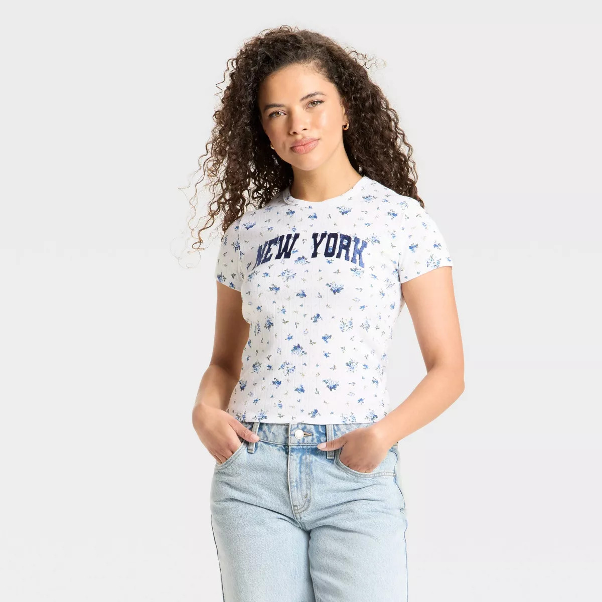 Women's New York Floral Pointelle Short Sleeve Graphic Baby T-Shirt - Off-White | Target