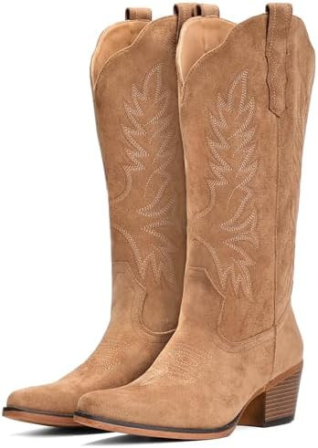 IUV Suede Cowboy Boots for Women Mid Calf Cowgirl Boots with Embroidered, Retro Snip Toe Chunky H... | Amazon (US)