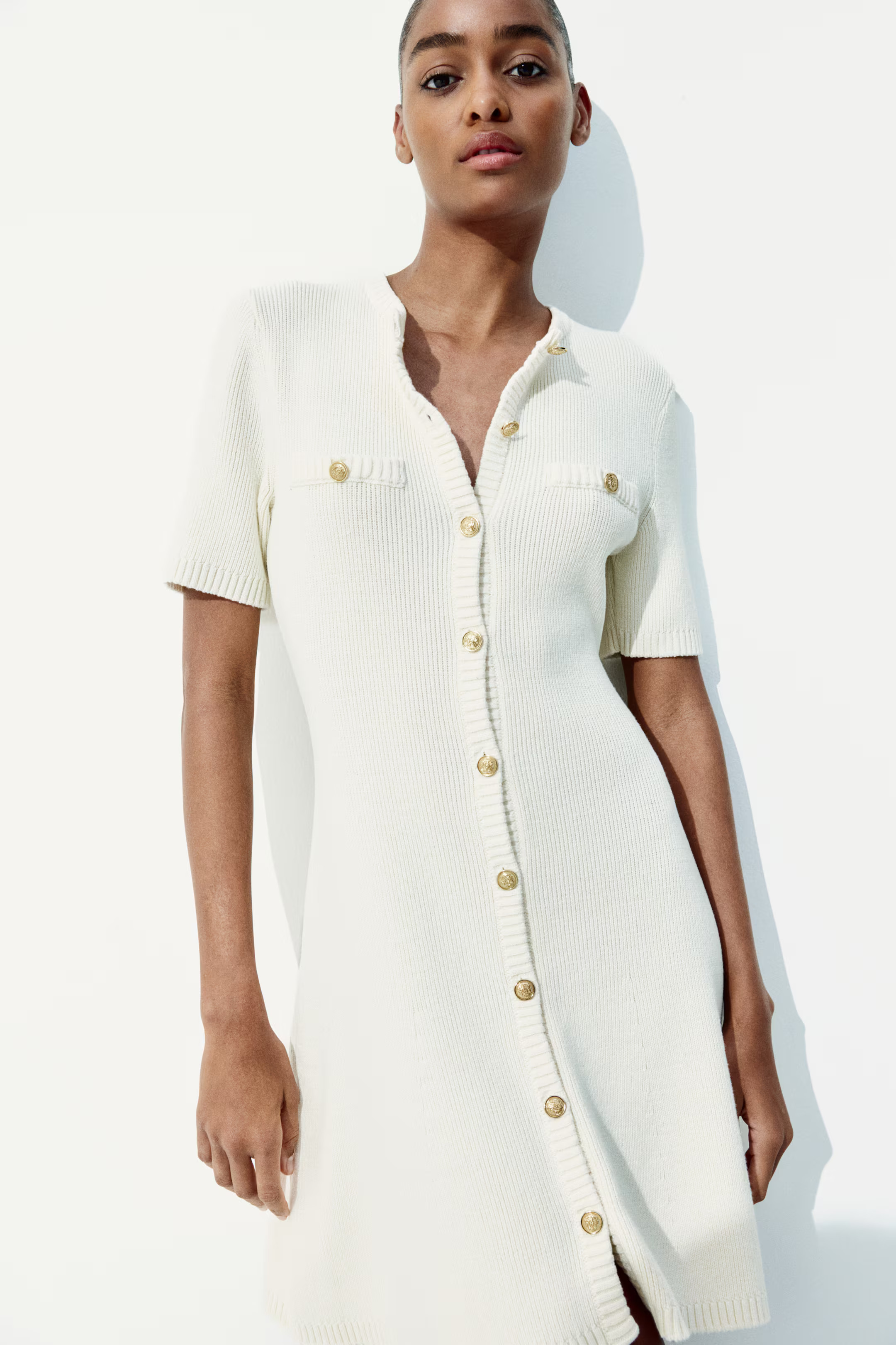 Rib-knit button-front dress - Cream - Ladies | H&M GB | H&M (UK, MY, IN, SG, PH, TW, HK)