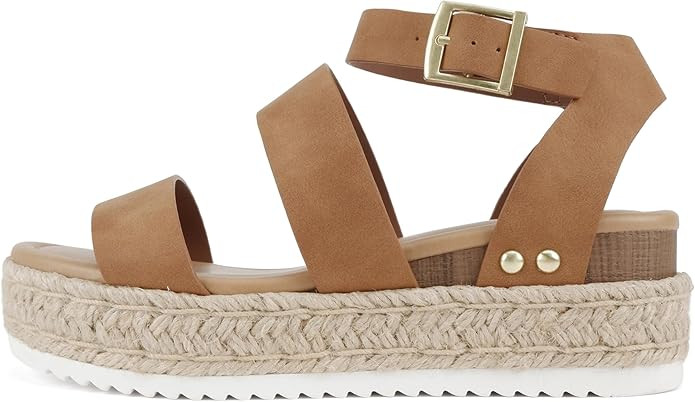 Soda Top Shoe Bryce Open Toe Buckle Ankle Strap Espadrilles Flatform Wedge Casual Sandal | Amazon (US)