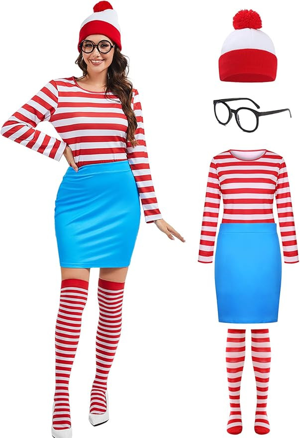 5 Pcs Wenda Costume for Women Adult Halloween Costume Red and White Striped Shirt with Hat Skirt ... | Amazon (US)