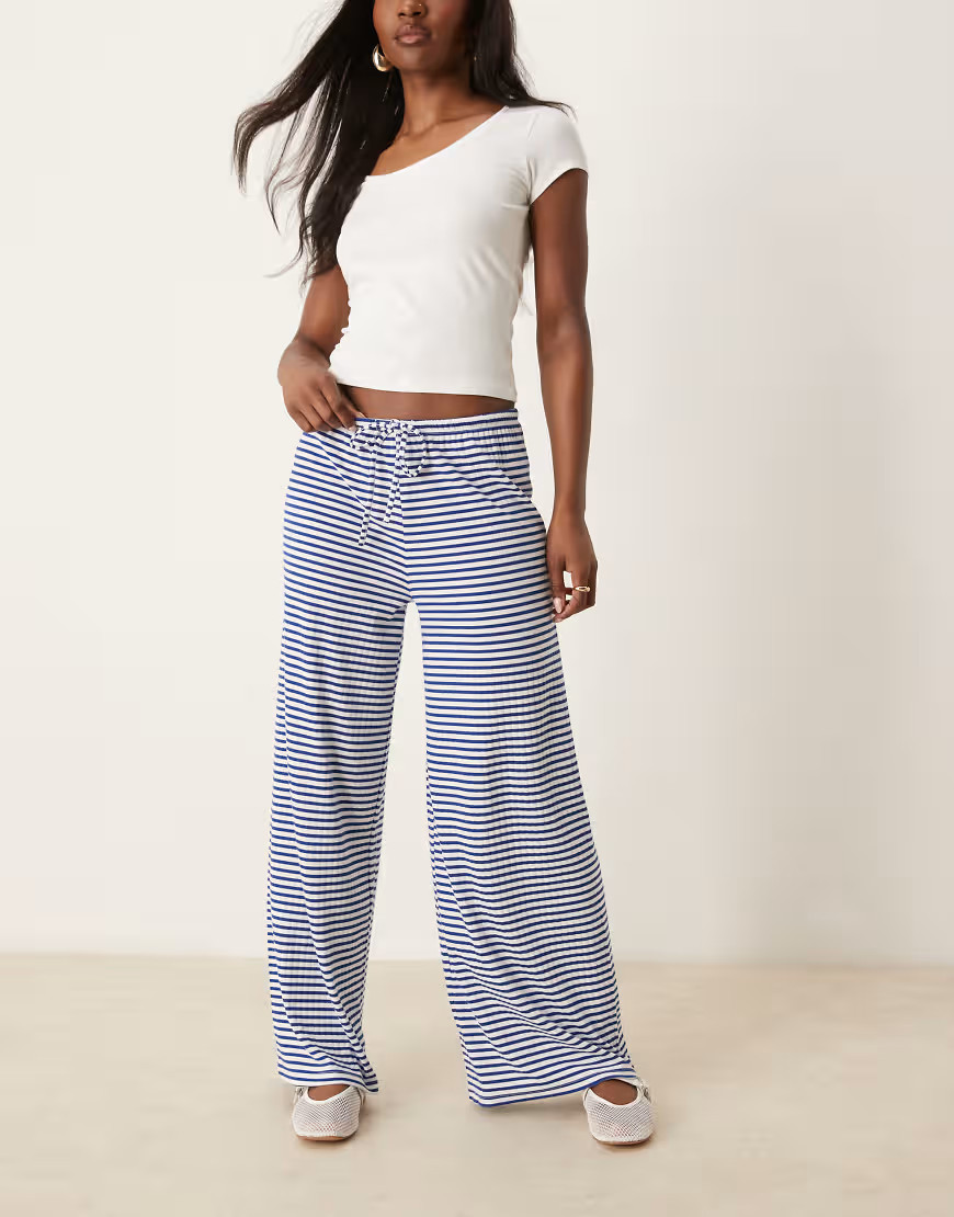 Gina Tricot super soft jersey wide leg pants with drawstring waist in blue and white stripe | ASOS (Global)