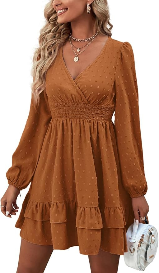 Rooscier Women's Long Sleeve Mini Dress Wrap V Neck Swing Ruffle Swiss Dots Holiday Wedding Guest... | Amazon (US)