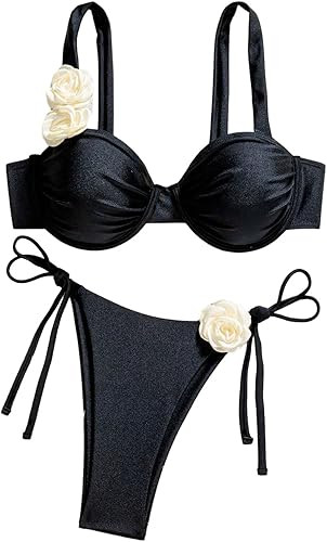 SHENHE Women's Push Up Bikini Set 3D Flower Underwire Top Tie Side Swimsuits 2 Peice Swimwear | Amazon (US)