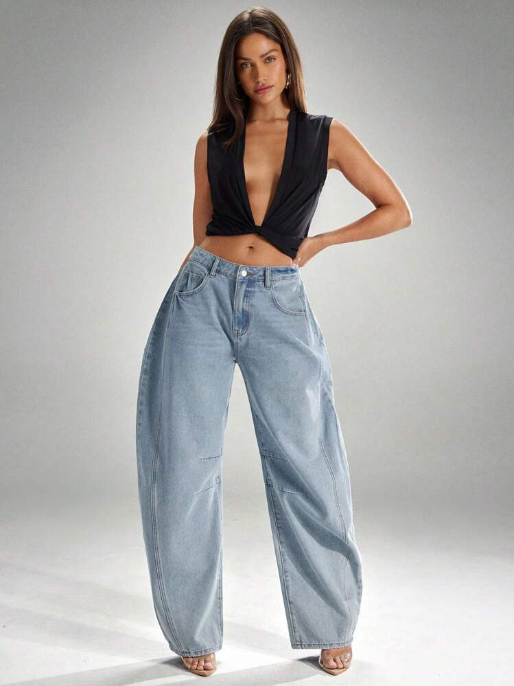 Denimoi Women's Casual Loose Fit Barrel Leg Baggy Jeans With Pockets, Versatile | SHEIN