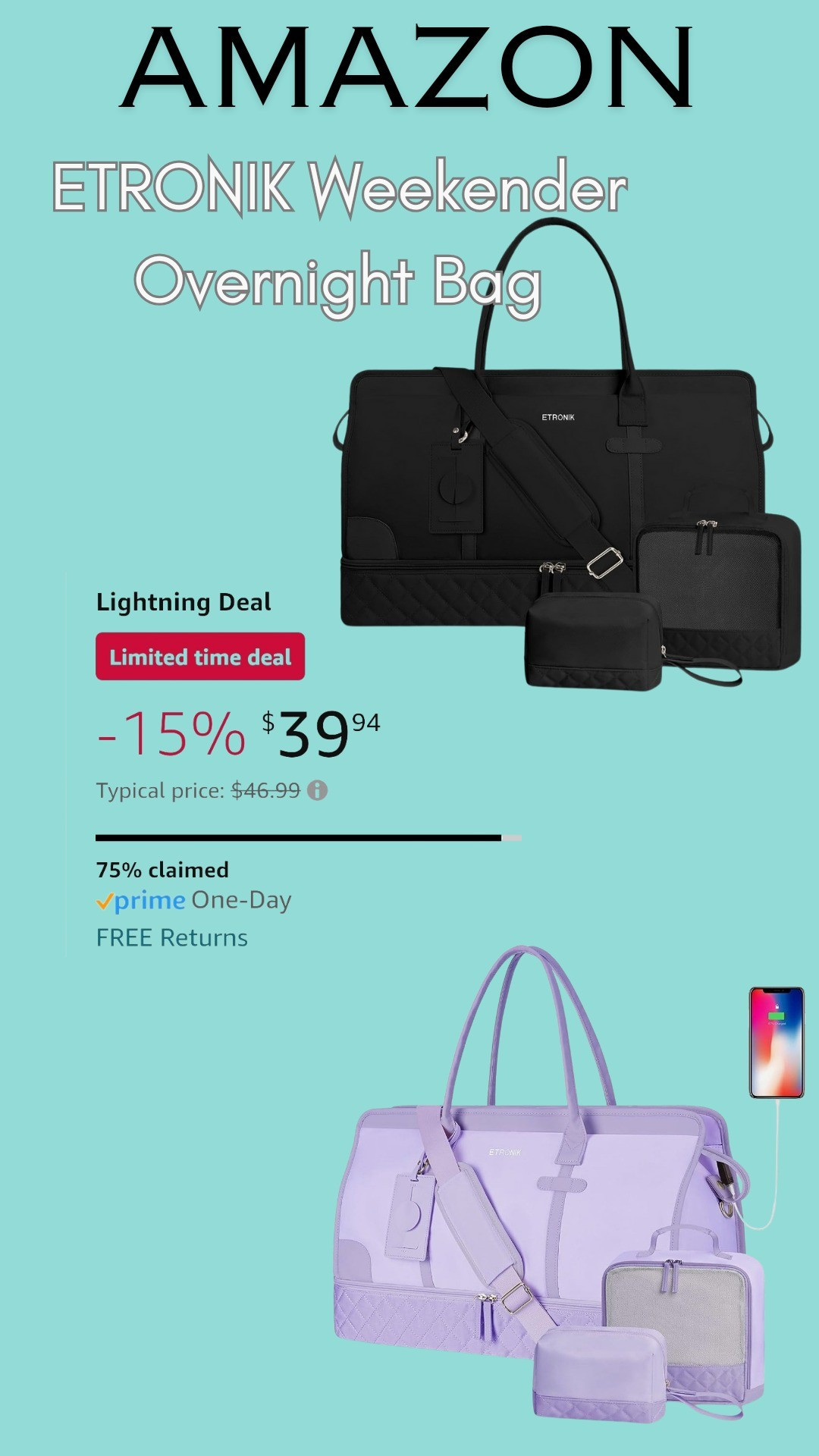 Amazon ETRONIK Weekender Overnight Bag on a limited time deal.  #Amazon #travelbag 

#LTKSpringSale #LTKitbag #LTKtravel