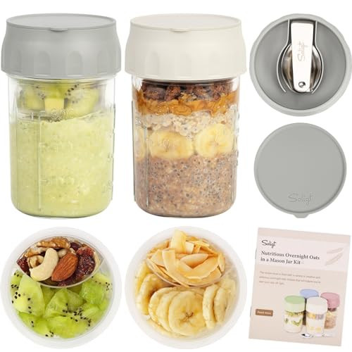 SOLIGT Overnight Oats Containers with Lids, Folding Spoons and Divided Compartment for Fruit & Nuts, Small Glass 16oz Mason Jars for Oatmeal Yogurt Parfait (2 Set-Smoke Gray/Oat White) | Amazon (US)