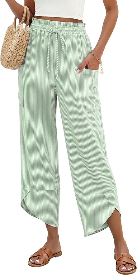 TARSE Women Stripe Linen Wide Leg Cropped Pants Drawstring Palazzo Trousers | Relaxed Loose Fit, ... | Amazon (US)