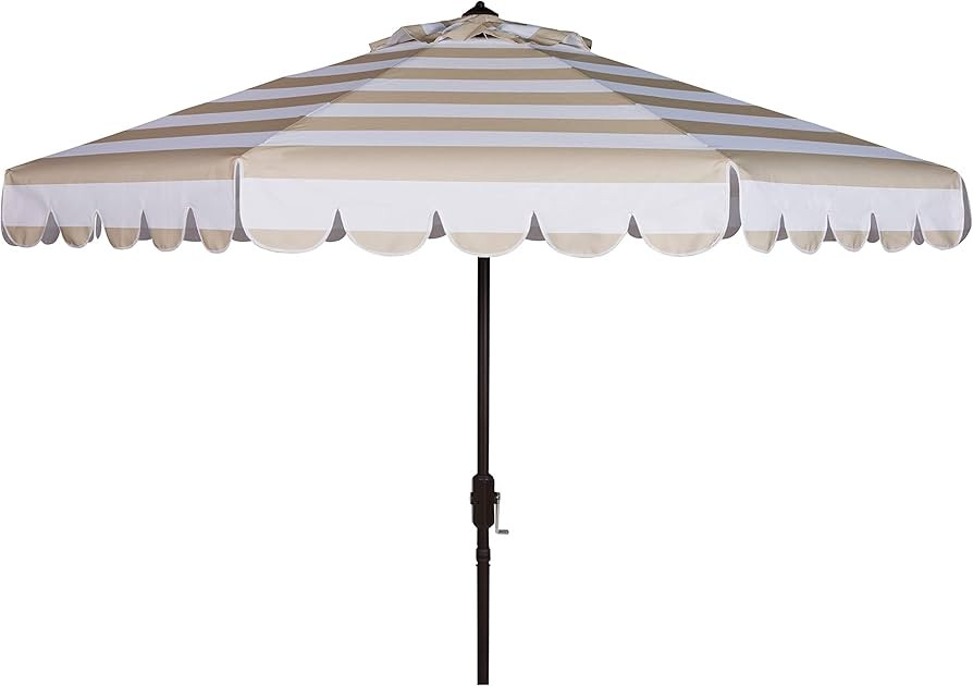 SAFAVIEH 9ft Outdoor Patio Umbrella, Round, Maui Collection, Beige & White Stripe, Crank, Button ... | Amazon (US)
