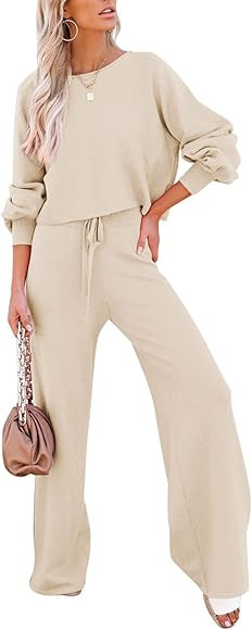 Pink Queen Women's 2 Piece Outfit Sweater Set Long Sleeve Crop Knit Top and Wide Leg Long Pants S... | Amazon (US)