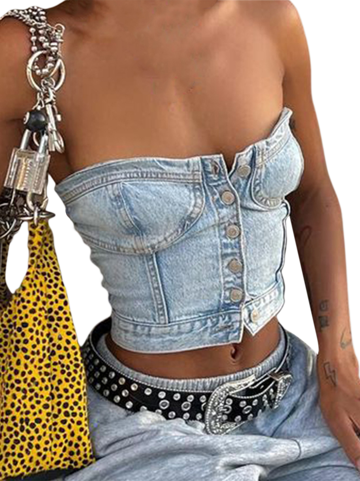 Blotona Women's Denim Strapless Corset Jeans Tops Push Up Bustier Jeans Tank Vest Chic Tube Off S... | Walmart (US)