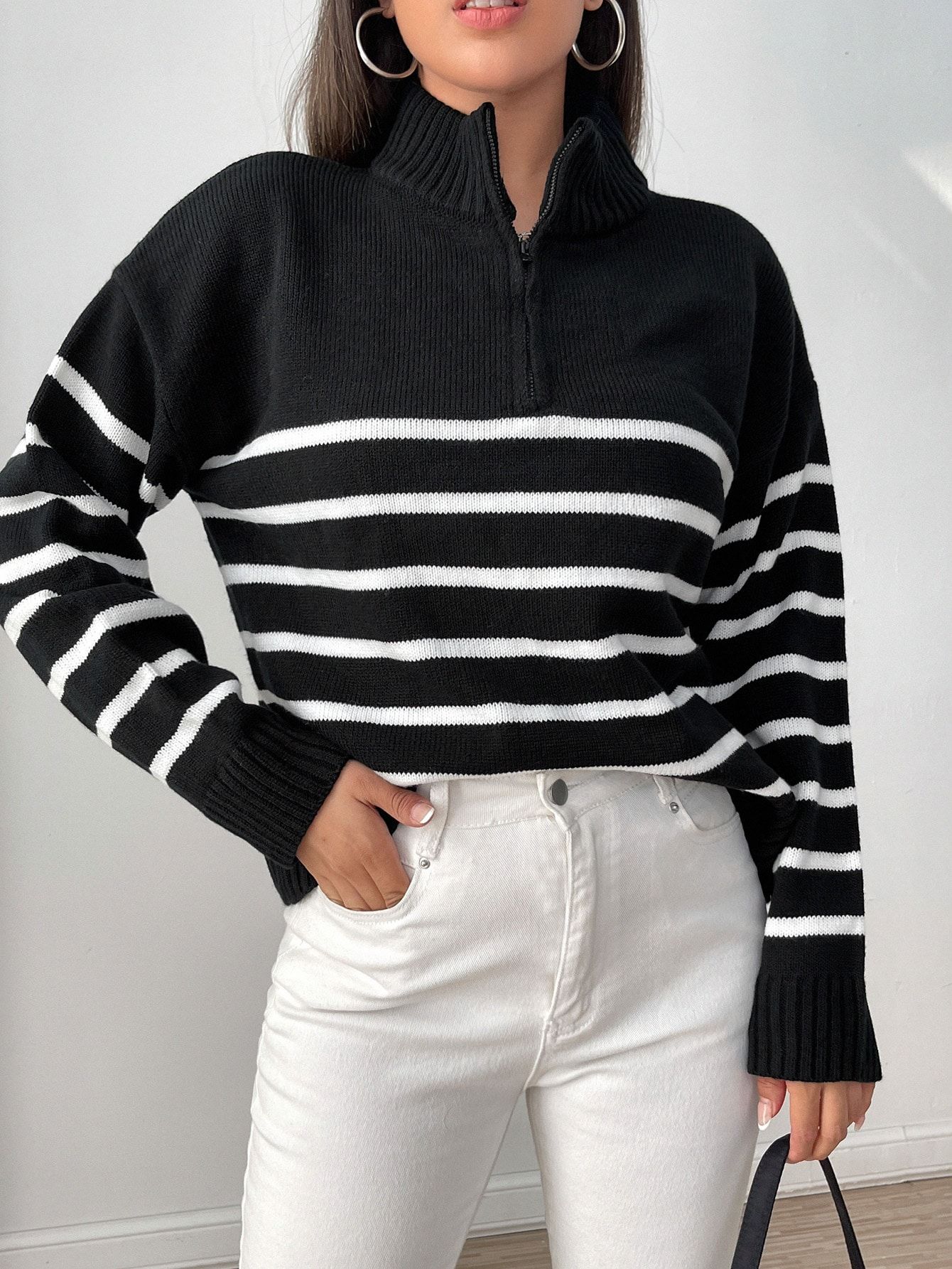 SHEIN Essnce Stripe Pattern Half Zipper Drop Shoulder Sweater | SHEIN
