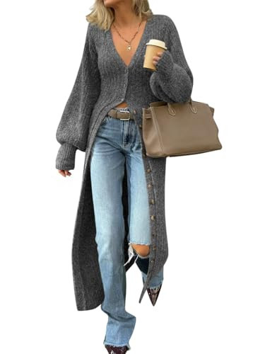 Saodimallsu Womens Long Cardigans V Neck Button Down Chunky Knit Dusters Sweater Coat Fall Trendy Maxi Sweater Dress Dark Gray | Amazon (US)