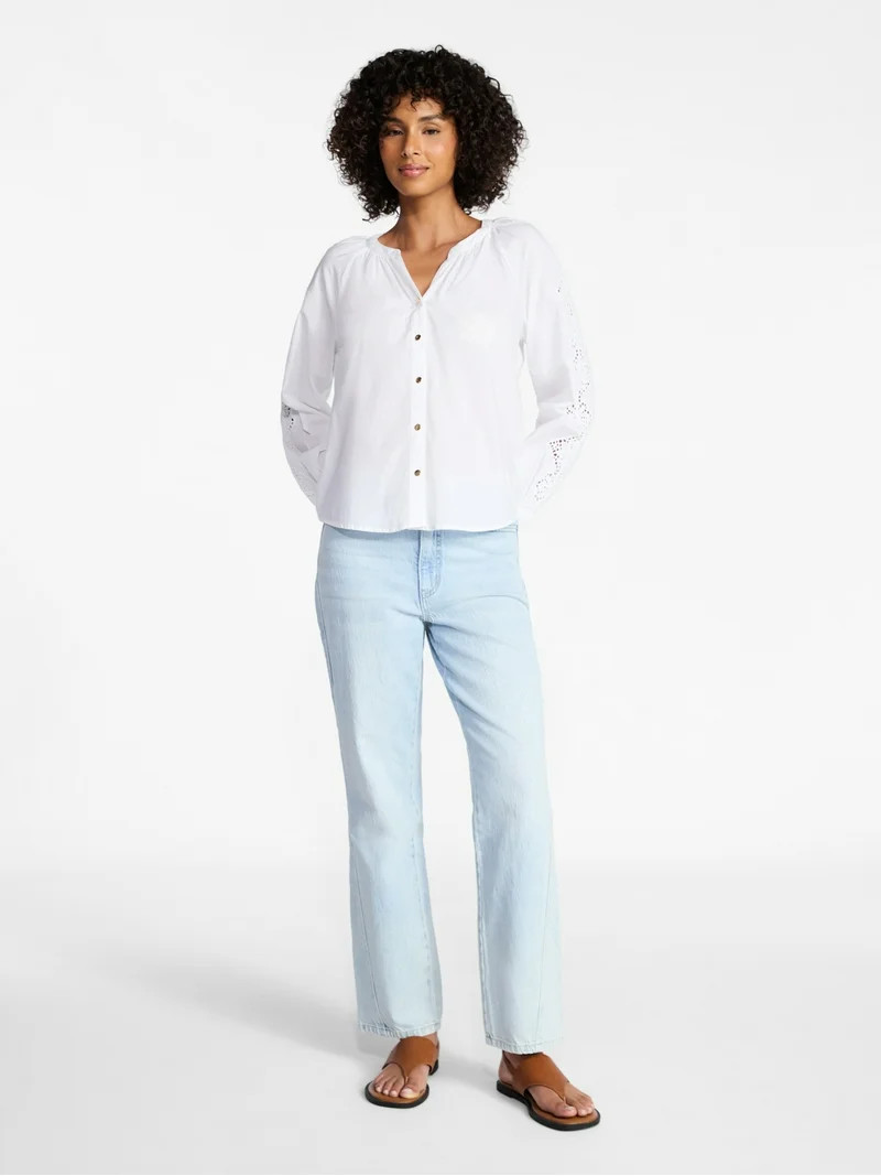 Time and Tru Women's Eyelet Blouse with Long Sleeves, Sizes XS-XXXL | Walmart (US)