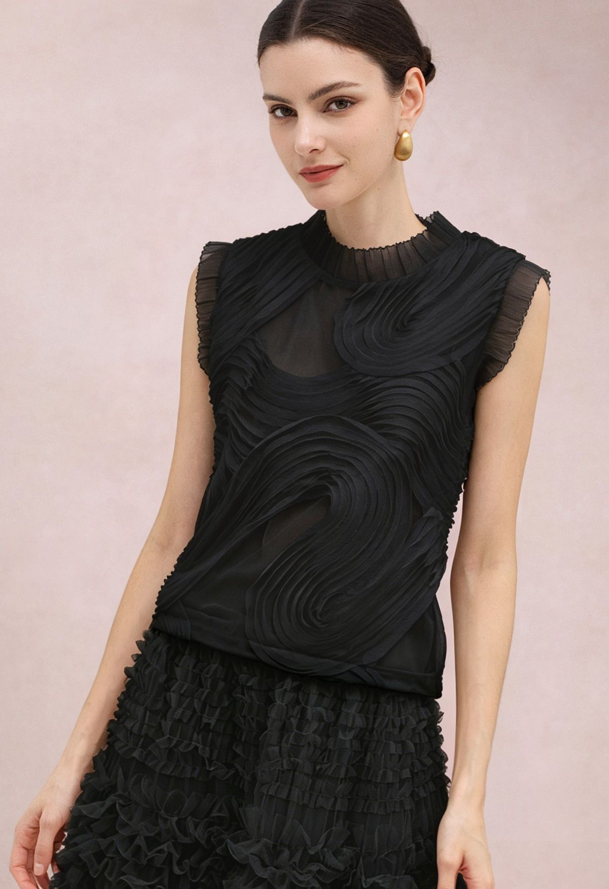 Tapework Lace Ruffle Trim Sleeveless Top in Black for Wedding Guest & Cocktail Occasions | Chicwish