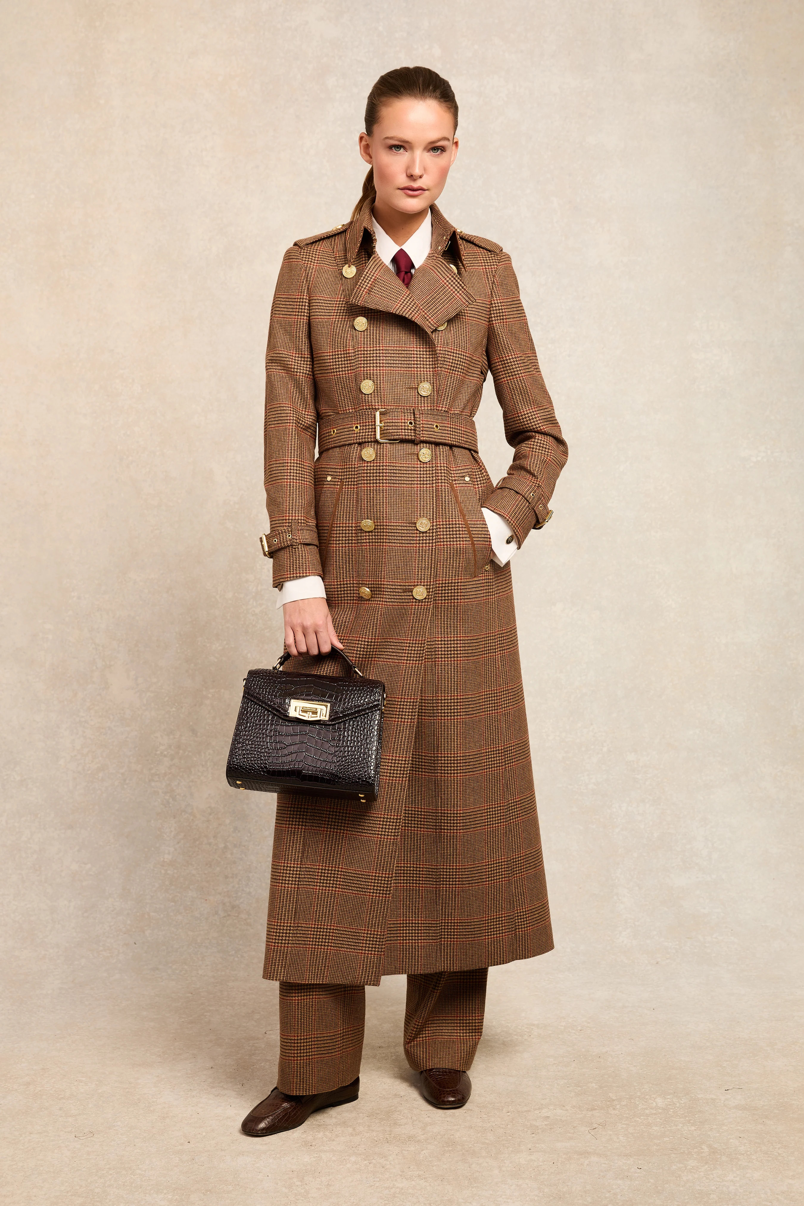 Full Length Marlborough Trench Coat (Clarence Check Merlot) | Holland Cooper