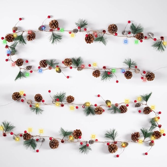 Christmas Garland with String Lights 2pack 6.6 Ft 20 LED Pine Cone Red Berry Bells Garland Lights... | Amazon (US)