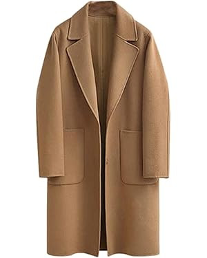 Omoone Women's Notched Lapel Wool Coats Mid Long Button Pea Coats Warm Thicken Trench Jacket | Amazon (US)