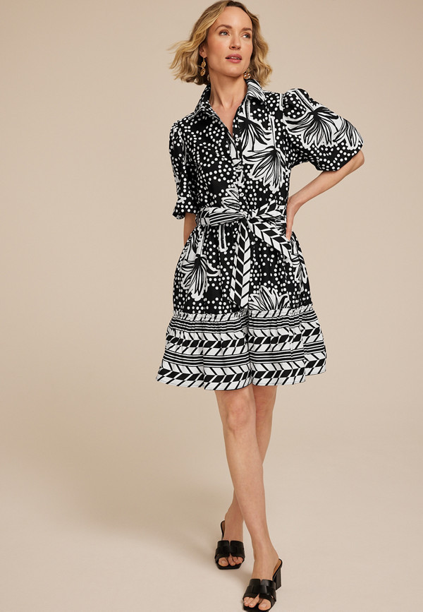 Printed Half Button Tie Waist Skater Dress | Maurices