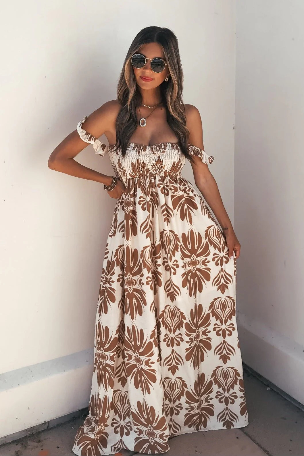 Calista Print Off The Shoulder Maxi Dress - Taupe | Magnolia Boutique