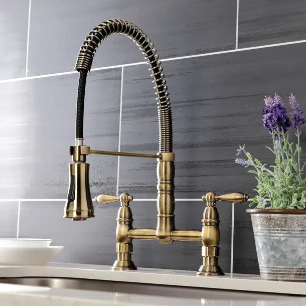 Kingston Brass Heritage Double-Handle 2-Hole Deck-Mount Pre-Rinse Bridge Kitchen Faucet | Wayfair North America