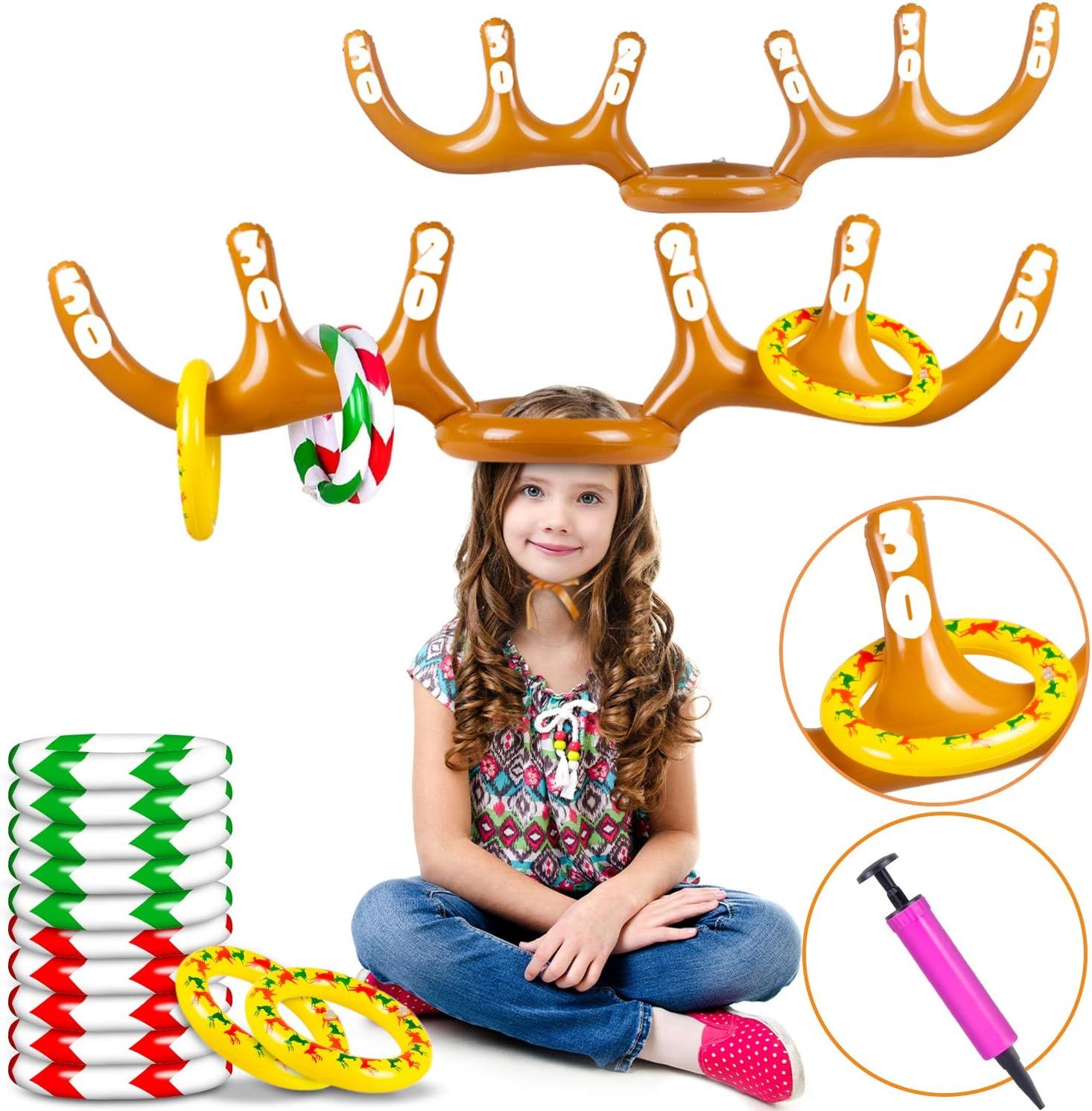 Christmas Inflatable Reindeer Antler Hat Ring Toss Game, 2 Pack with 12 Rings Christmas Party Gam... | Amazon (US)
