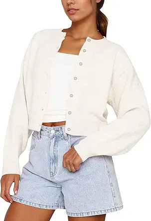 Women Casual Open Front Button Down Cropped Cardigan Sweaters Y2k Crewneck Long Sleeve Fall Knitw... | Amazon (US)