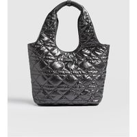Women's Quilted Stella Shoulder Tote Bag, Gunmetal, Black, Nylon, Saint + Sofia | Saint + Sofia