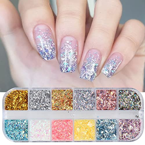 12 Colors Glitter Nail Art Sequins, Holographic Irregular Iridescent Shiny Nail Flakes Decorations 3D Ultra-Thin Powder Nail Art Design for Women Manicure Sparkly Acrylic Supplies, Resin Nail Art Tips | Amazon (US)