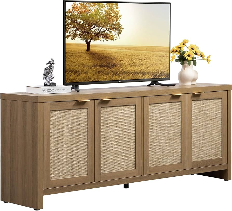 SICOTAS TV Stand for Living Room Boho Entertainment Center for Bedroom with 4 Rattan Cabinets Far... | Amazon (US)