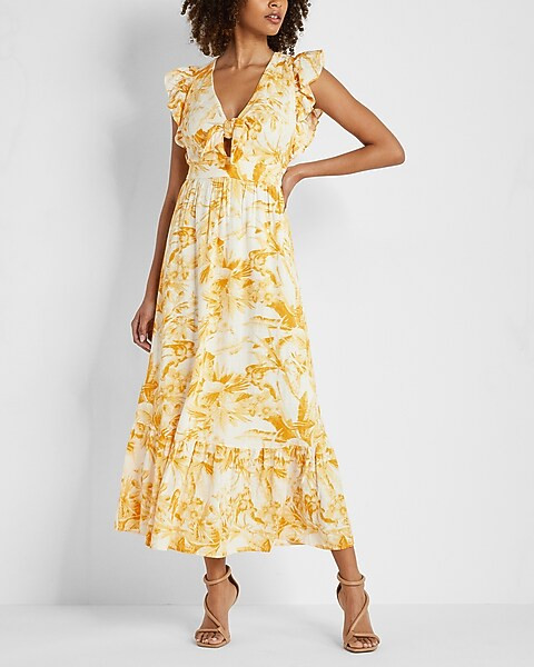 Printed Flutter Sleeve Tie Front Midi Linen-Blend Dress | Express