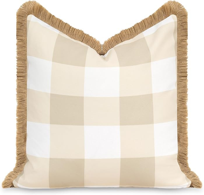 Hofdeco Premium Coastal Patio Indoor Outdoor Throw Pillow Cover Only, 20"x20" Water Repellent for Backyard, Couch, Neutral Tan Plaid with Fringe | Amazon (US)