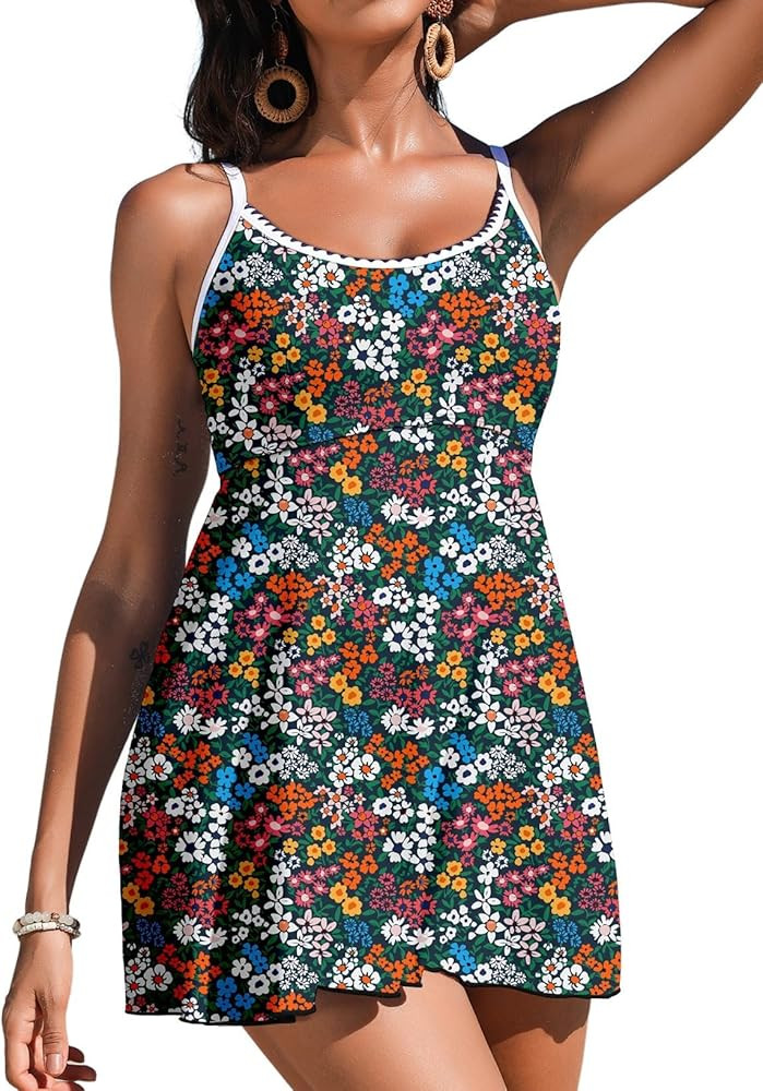 Aleumdr Women's One Piece Swimsuit Floral Print Whip Stitch Tummy Control Swimdress Skirt Bathing... | Amazon (US)