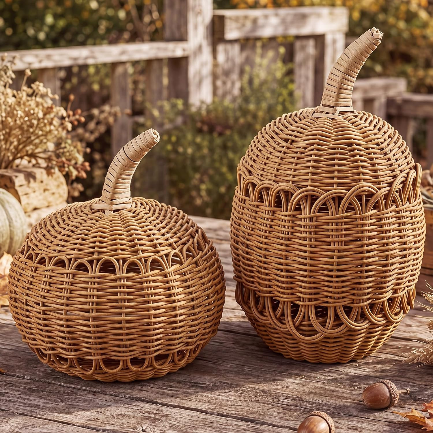 Wonderjune Set of 2 8.86/11.8 Inch Fall Thanksgiving Rattan Pumpkin Decorations, Rustic Woven Wicker Pumpkin, Fall Table Centerpiece for Halloween, Farmhouse Waterproof Outdoor Autumn Harvest Gift | Amazon (US)