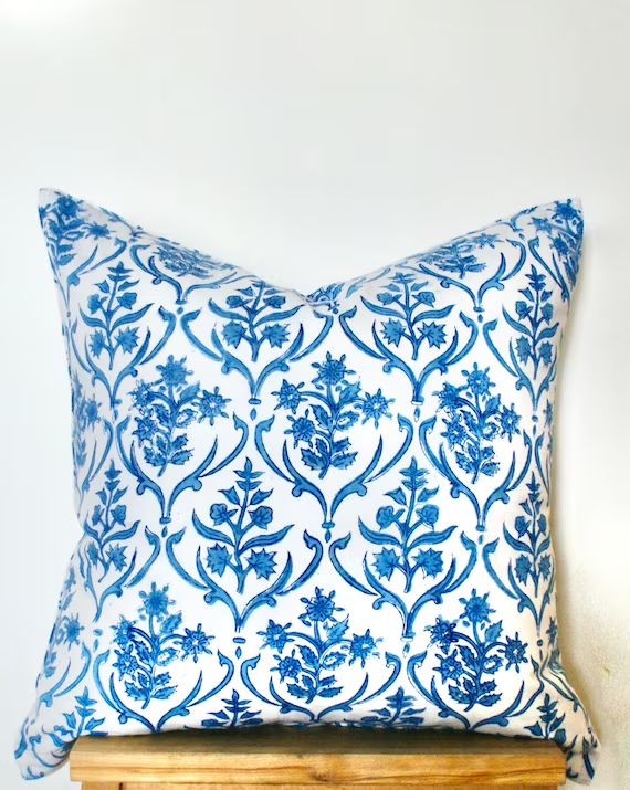 20x20 // 22x22 Blue Hand Block Print Floral Pillow // - Etsy | Etsy (US)
