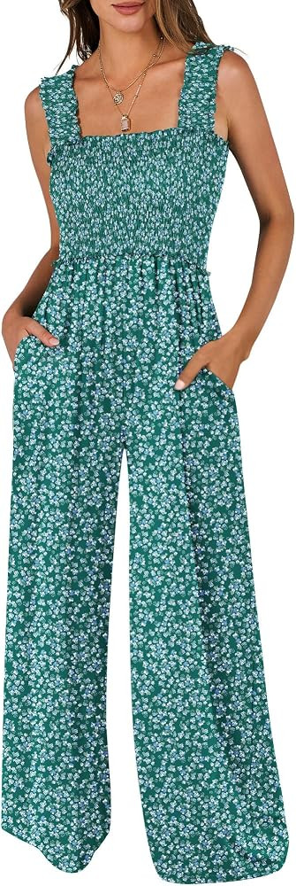 ANRABESS Jumpsuits for Women Casual, Smocked Sleeveless Wide Leg Comfy Rompers With Pockets, Summ... | Amazon (US)