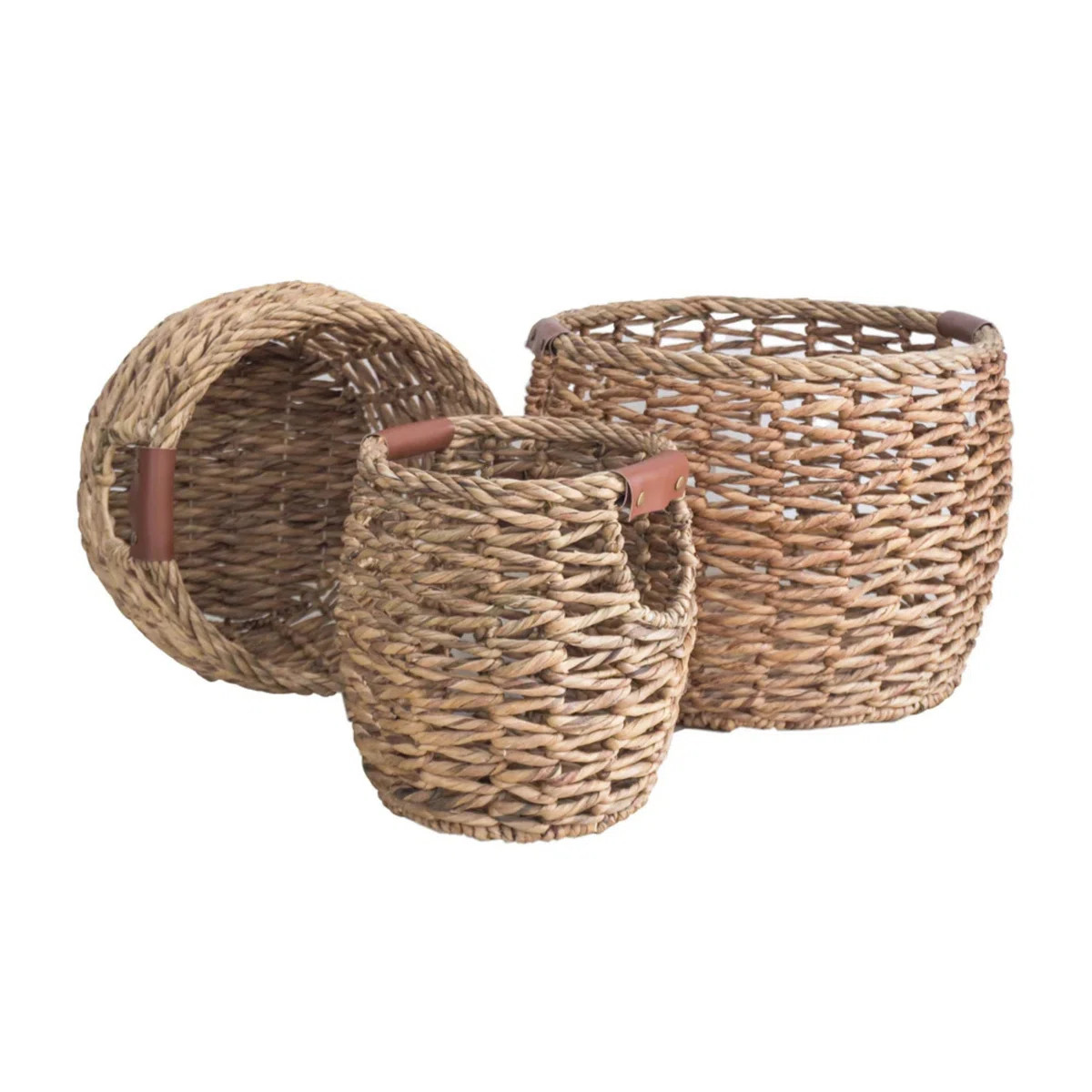 Handwoven Round Water Hyacinth Baskets With Pu Leather Handles Set Of 3 (Set of 3) | Wayfair North America