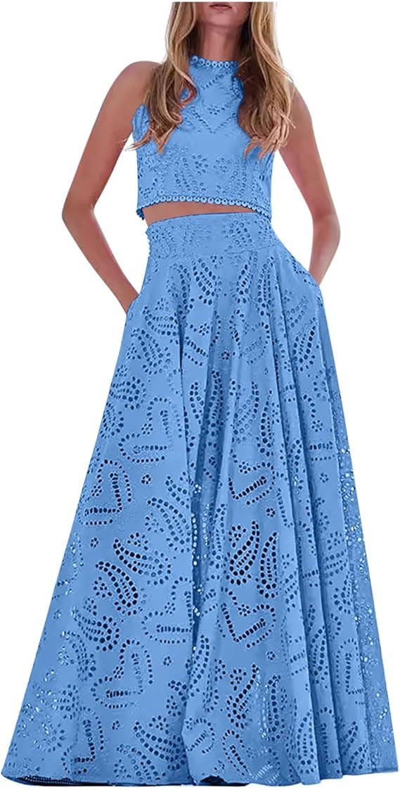 Women's 2 Piece Eyelet Skirt Set Sexy Sleeveless Hollow Out Lace Tank Top Maxi Skirt Outfits Fash... | Amazon (US)