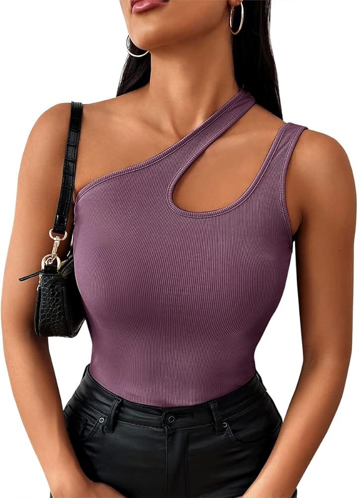 Flowyair Women's Sexy One Shoulder Tank Tops Trendy Going Out Summer Ribbed Knit Shirts | Amazon (US)