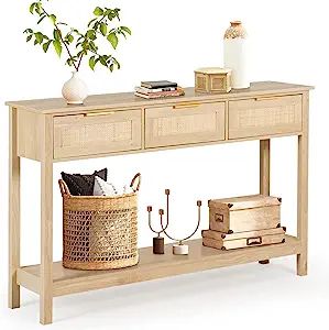 LAZZO 51" Console Table, Oak Grain Sofa Table with Wood Frame, Rustic Hallway Table with 3 Bamboo... | Amazon (US)