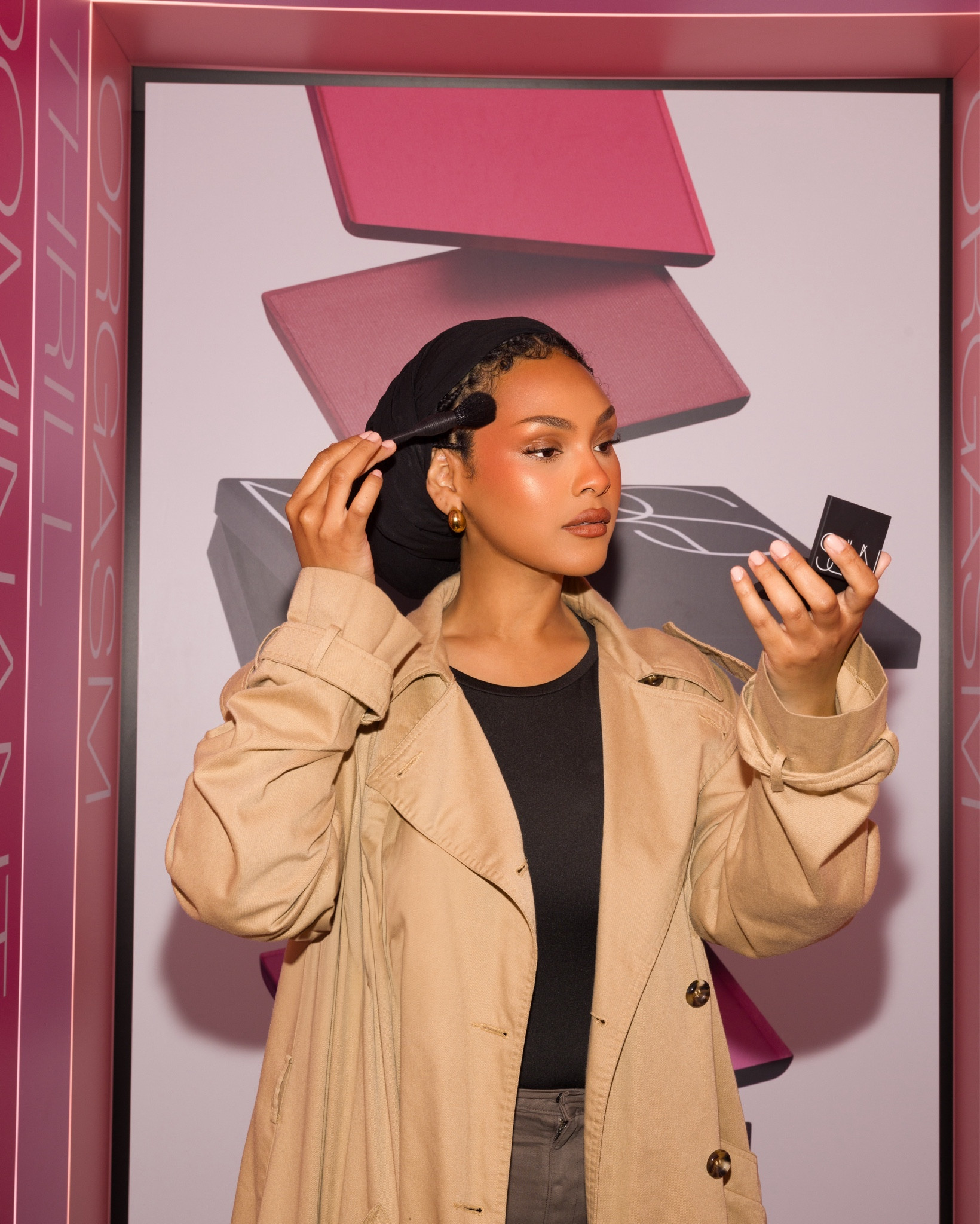 If you’re looking for a blush to buy, the Narsissist Blush In Taj Mahal is NARS warm-toned, medium-dark orange with a frosty finish. Originally created for Naomi Campbell, this gorgeous orange shade creates such a beautiful warm peach on the cheeks 